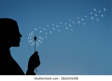 Icon of woman silhouette blowing dandelions. Vector illustration