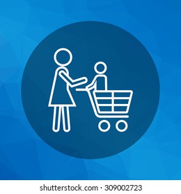 Icon of woman silhouette carrying child in shopping cart