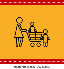 Icon of woman silhouette with children and shopping cart 