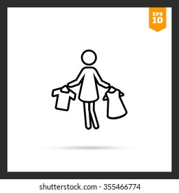 Icon of woman silhouette holding clothes on hangers
