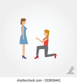 Icon of woman standing on her knee in front of woman and giving ring