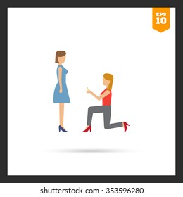 Icon of woman standing on her knee in front of woman and giving ring