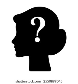 Icono de la cabeza de una mujer con un signo de interrogación. Encontrar soluciones a los problemas. Psicología. Negocios. Lluvia de ideas.