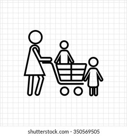 Icon of womans silhouette with children and shopping cart 
