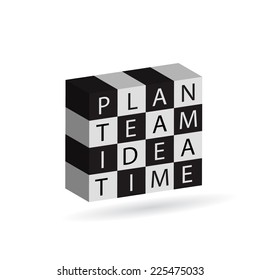icon. Words the plan, team, idea, time against black and white cubes