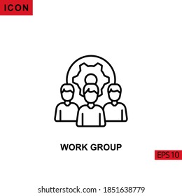Icon work group with humans and cog wheel. Outline, line or linear vector icon symbol sign collection for mobile concept and web apps design.