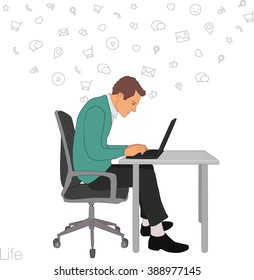 Icon of work in office: manager, ux designer. Remote working technologies, services, documents for remote team. Icon of man working with laptop. Remote man working with icon. Icon of remote working