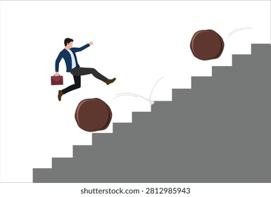 icon work Overcome obstacle, effort or adversity for business growth, difficulty, challenge to win competition, skill or leadership concept, businessman jump over falling boulder to climb up stair


