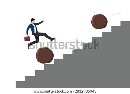 icon work Overcome obstacle, effort or adversity for business growth, difficulty, challenge to win competition, skill or leadership concept, businessman jump over falling boulder to climb up stair

