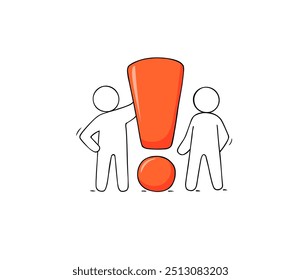 Icon with working little people and exclamation mark. Doodle miniature of teamwork and danger symbol. Hand drawn cartoon vector illustration.