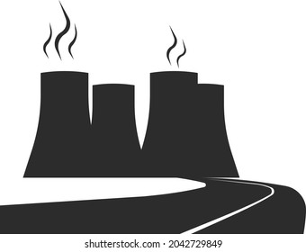 The icon of a working power plant with a road. The sign of electricity. Flat illustration on a white background. Nuclear power plant icon for mobile concept, web design.