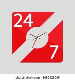 Icon of working time 24 hours 7 days a week with the image of hour hands on a square frame isolated on a gray background. Vector illustration eps 10.