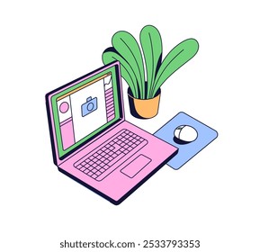 Icono del lugar de trabajo con la planta del hogar. Ordenador portátil con ratón y pad. Software fotográfico en pantalla de PC. Ordenador portátil en el escritorio, lugar de trabajo creativo. Ilustración vectorial aislada plana sobre fondo blanco