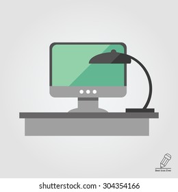 Icon of workplace with lamp and computer on desktop