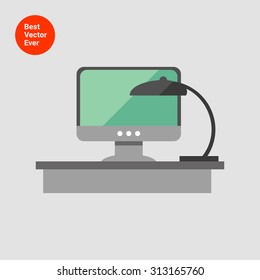 Icon of workplace with lamp and computer on desktop