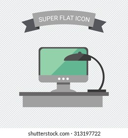 Icon of workplace with lamp and computer on desktop