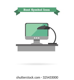 Icon of workplace with lamp and computer on desktop