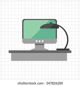 Icon of workplace with lamp and computer on desktop