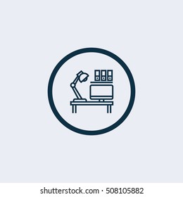 Icon of workplace with lamp and computer on desktop
