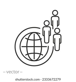 icon of world community community of different nationalities, people coalition, group with globe,thin line symbol on white background - editable stroke vector illustration eps10