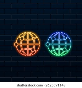 globo del mundo con el icono continuo de los puntos del perno, concepto de red neuronal. estilo neón. diseño del Vector. Mapa del planeta con pins de ubicación. Icono de estilo glifo para móvil o Diseño web.