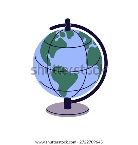 Icon of World globe to study Geography subject. Geographic tool, Earth planet. School supply for learning and travel. Elementary education. Flat isolated vector illustration on white background