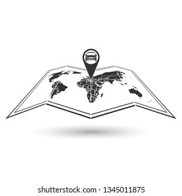 Icon the world map with a marker the car