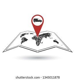 Icon the world map with a marker the car