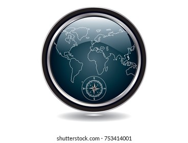 Icon with world map scheme and compass - isolated on white background - vector art illustration