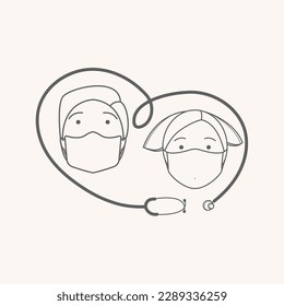icon for world nurses day, line art of male and female faces in stethoscope frame