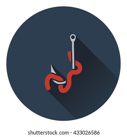 Icon of worm on hook. Flat design. Vector illustration.