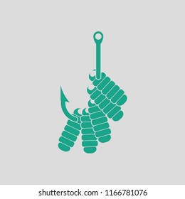 Icon of worm on hook. Gray background with green. Vector illustration.