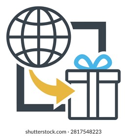 Icon of a wrapped gift with blue ribbon and a world globe with an arrow indicating international shipping or global delivery concept