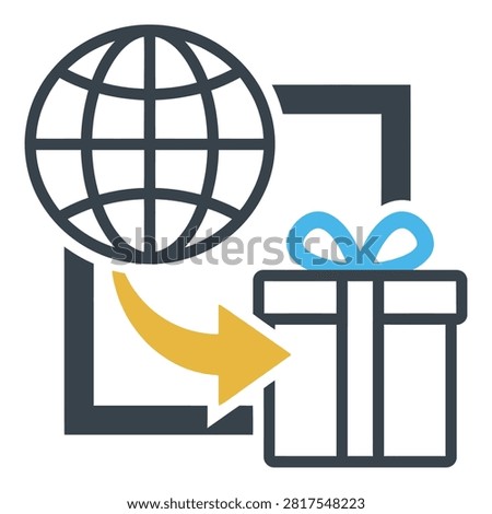 Icon of a wrapped gift with blue ribbon and a world globe with an arrow indicating international shipping or global delivery concept