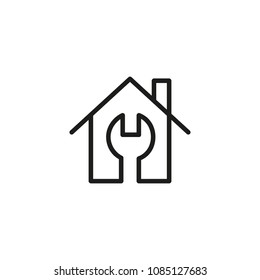 Icon Of Wrench And House. Tool, Industry, Plumber. Home Repair Concept. Can Be Used For Topics Like Service, Construction, Maintenance, Improvement