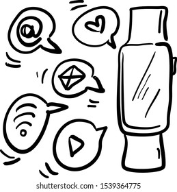Icon wrist smart watch. Bubble heart, mail. Hand-drawn