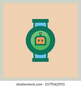 Icon of a wrist watch displaying a robot face inside the watch face, a combination of technology and futuristic design