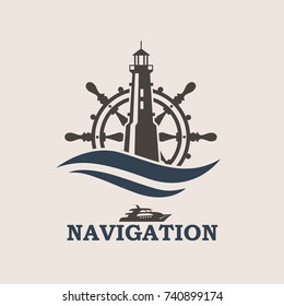 icon of yacht helm wheel and lighthouse with sea waves