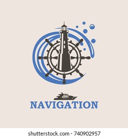 icon of yacht helm wheel and lighthouse with sea waves