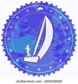 Icon - yachtsman on a sailboat - round, blue grunge - isolated on white background - vector. Water sports. Summer rest.