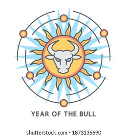 Icon - Year of the bull. The head of a bull in a circle of planets in the rays of the sun as a symbol of creative energy. Thin contour lines with color fills.