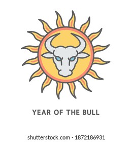 Icono - Año del toro. La cabeza de un toro en los rayos del sol como símbolo de la energía creativa. Las líneas de contorno delgadas con los rellenos de color.