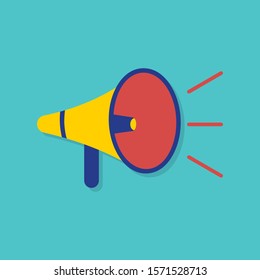 Icon of yellow bullhorn. Concept of referral program marketing. Blue background. Flat style stock vector illustration.