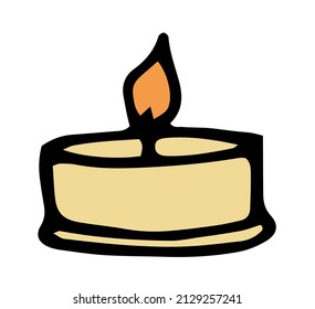 icon of a yellow burning candle. a small flat round candle hand-drawn in doodle style with a yellow black line and an orange flame on white for a design template. icon of an aromatic candle