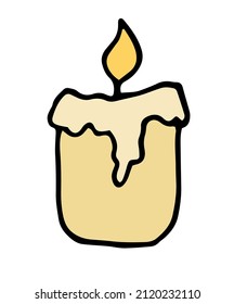 The icon is a yellow Burning wax candle. Vector isolated element of a small burning candle with drops of molten wax, hand-drawn yellow in the style of doodles with a black line on white for a design 