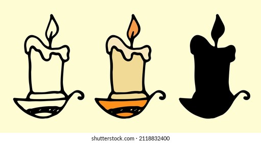 the icon of a yellow candle burning on a candlestick with a handle. a set of candles painted in doodle style isolated black outline and silhouette on light. collection of antique candle ends for label