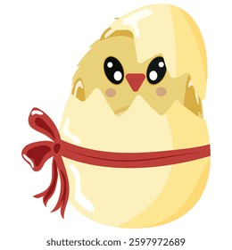icon of a yellow chicken sitting in a yellow egg with a bow, design for Easter decorations