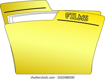 The icon of a yellow folder containing some documents and having the write FILMS - vector