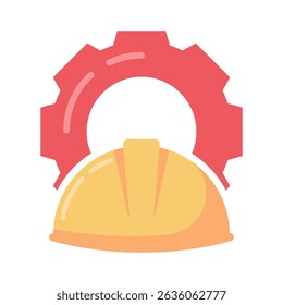 Icon of a yellow hard hat in front of a gear, representing safety and machinery in engineering.