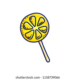 Icon with yellow lemon lollipop on stick isolated on white background. Dessert vector illustration. 